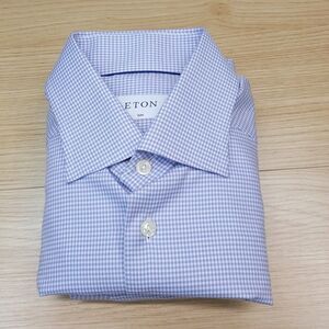 ETON Shirt Mens 15 38 Blue Purple Check Slim Fit Stretch Button Up $295